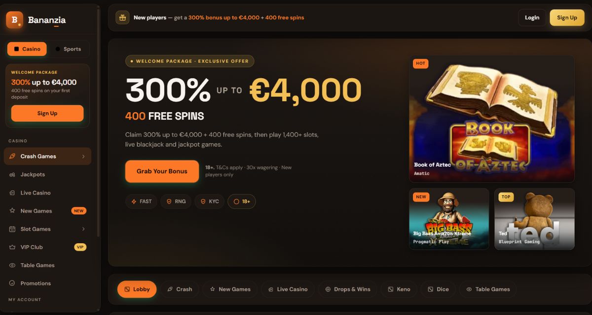 Screenshot of the Bananzia Casino website